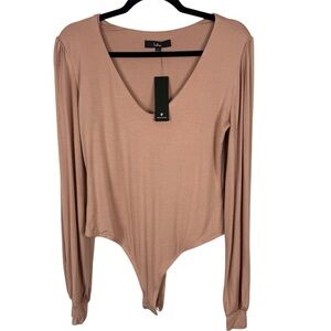 Lulu's Tan Asymmetrical Long Sleeve Bodysuit NWT